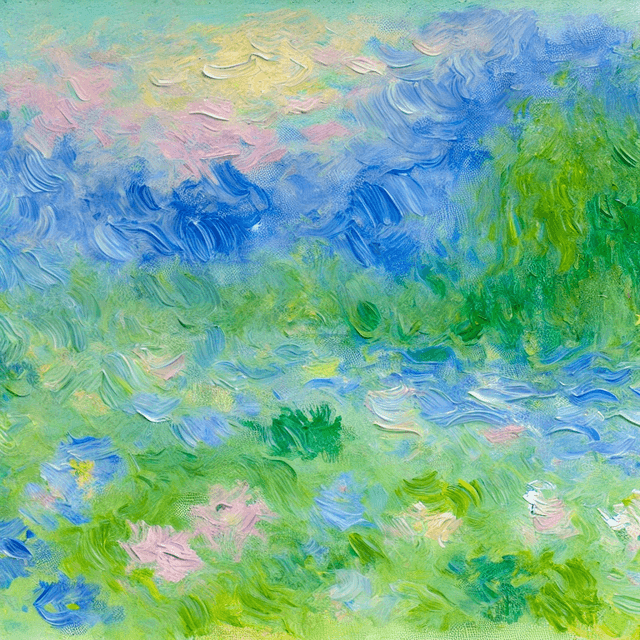 Monet style painting of a bluey, green meadow