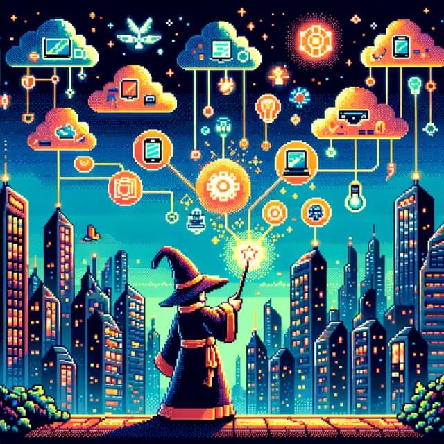 8-bit pixel art of a wizard with a tech-emitting wand in a futuristic city, merging magic with technology.