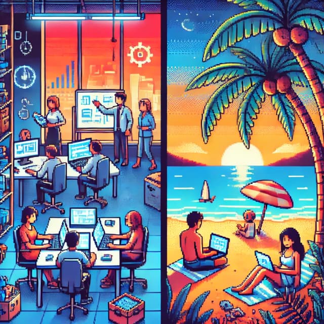 A vibrant 8-bit pixel art scene contrasting two hardworking lifestyles. On the left side, a dynamic startup office with pixelated figures collaborating around laptops, whiteboards, and a bustling environment filled with tech gadgets and coffee cups. On the right side, a serene beach setting with a character working on a laptop under palm trees, facing a calm ocean with a setting sun. The two scenes are divided by a distinct vertical line, symbolizing the two worlds. Both sides show characters with determined expressions and energy, depicted in a colorful retro pixel art style. The scene captures equal effort and focus in both environments, emphasizing a balance between intensity and tranquility.